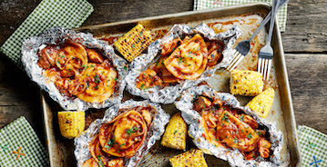 Grilled BBQ Chicken and Pierogy Packets