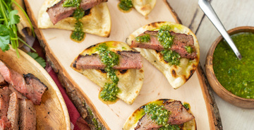 Grilled Pierogies with Steak and Chimichurri