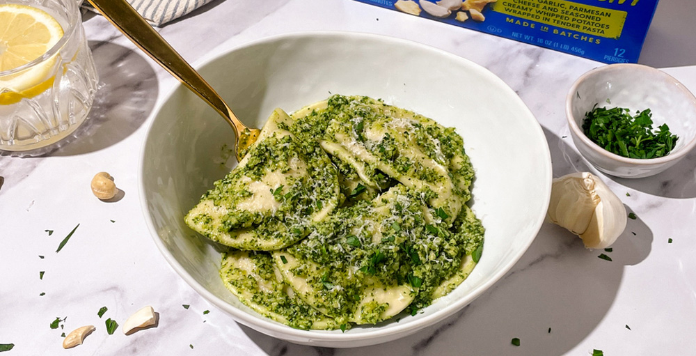 Pierogies with 5 Ingredient Kale Pesto