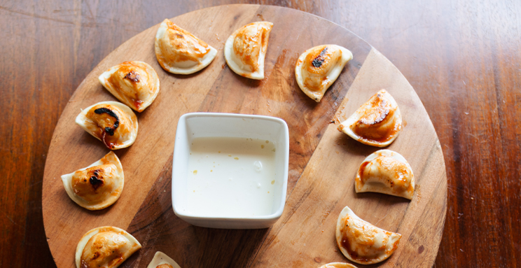 Spicy BBQ Grilled Pierogies with Blue Cheese or Ranch