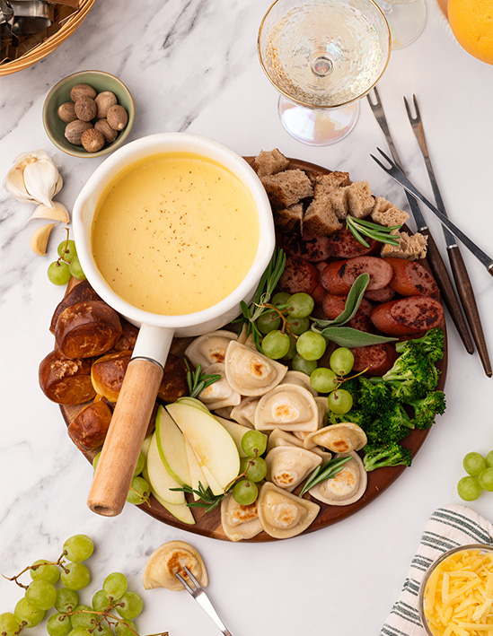 Cheese Fondue with Mrs. T’s Four Cheese Medley Mini Pierogies