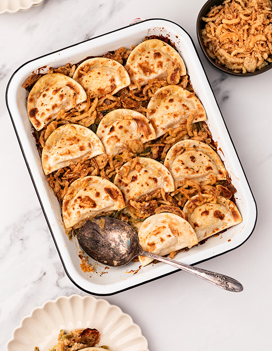 Mrs. T’s Classic Cheddar Pierogy Green Bean Casserole