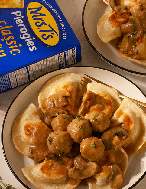 Pierogies with Mushroom Gravy & Meatballs