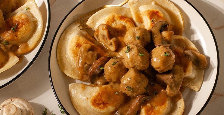 Pierogies with Mushroom Gravy & Meatballs